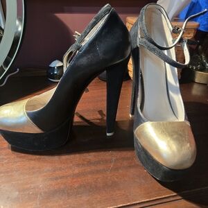 Elegant Black and Gold Alepel Women's Platform Mary Jane Heels